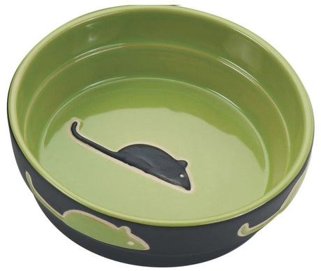 4 count Spot Ceramic Black and Green Fresco Mouse Print 5" Cat Dish