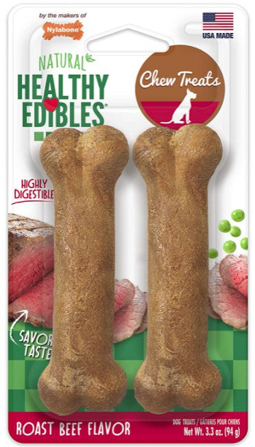 2 count Nylabone Natural Healthy Edibles Chew Dog Treats Roast Beef Regular