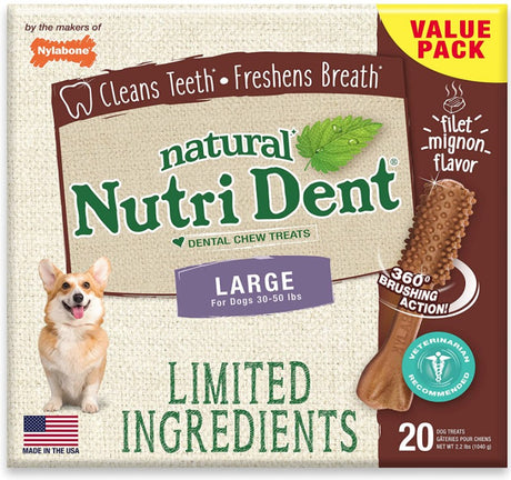 40 count (2 x 20 ct) Nylabone Natural Nutri Dent Filet Mignon Limited Ingredients Large Dog Chews