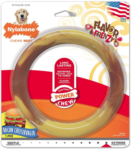 6 count Nylabone Power Chew Ring Dog Toy Bacon Cheeseburger Flavor Large