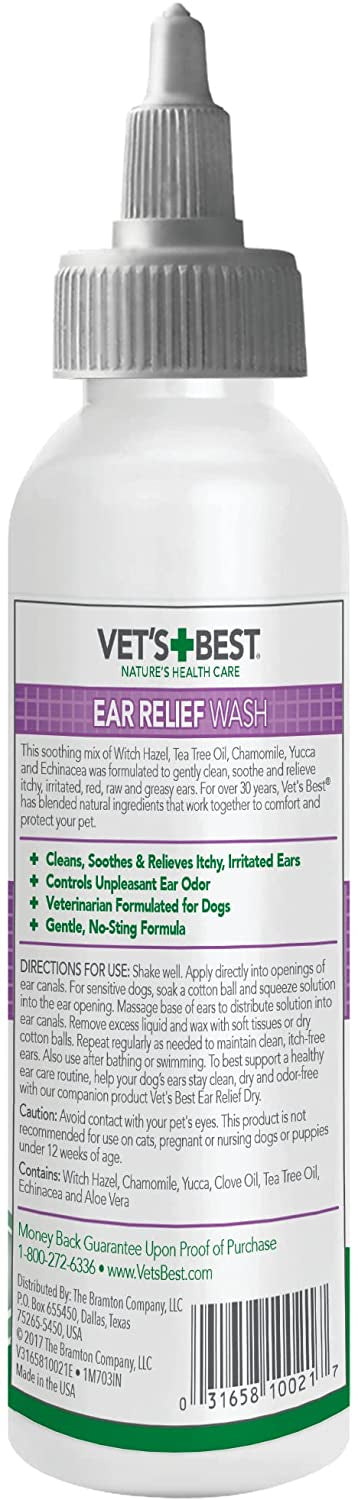 4 oz Vets Best Ear Relief Wash Natural Formula Alcohol-Free for Dogs