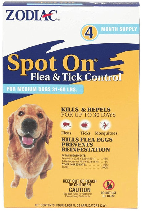 12 count (3 x 4 ct) Zodiac Spot On Flea and Tick Control for Medium Dogs