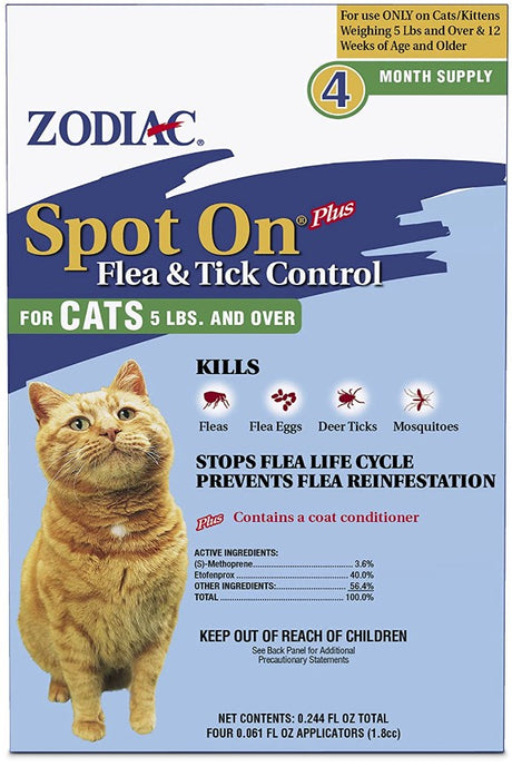 12 count (3 x 4 ct) Zodiac Spot On Plus Flea and Tick Control for Cats and Kittens