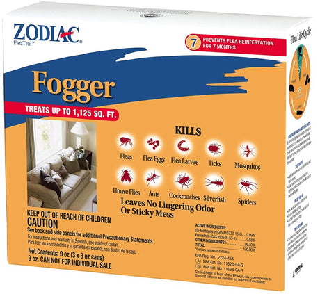 12 count (4 x 3 ct) Zodiac FleaTrol Fogger Kills Fleas, Flea Eggs and Larvae, Ticks, Mosquitoes, Cockroaches, Ants, Spiders and Silverfish