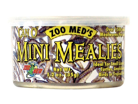 1.2 oz Zoo Med Can O Mini Mealies Mealworms for Reptiles, Turtles, Amphibians, Birds or Fish